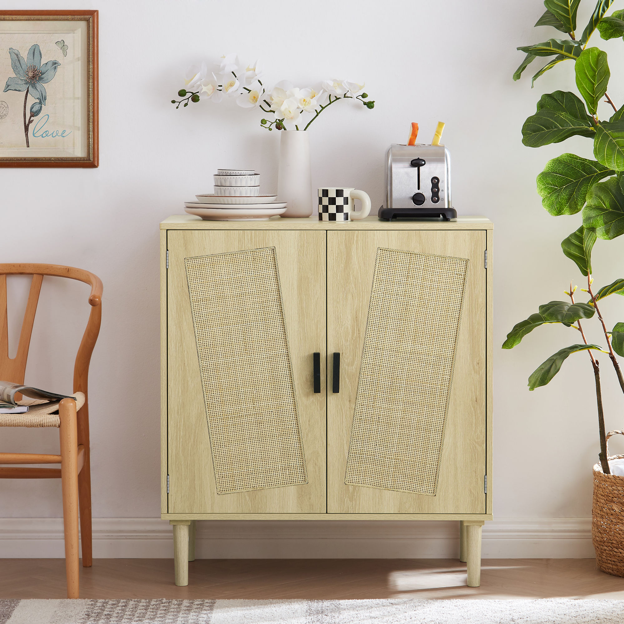 Homfa Storage Cabinet with Rattan Doors, Tall Cabinet Rattan Cabinet with  Drawers, Accent Versatile Cabinet for Living Room, White