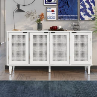 White Sideboard with Rattan Doors Large Storage Space Boho Style