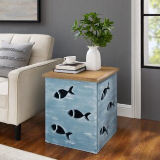 Blue Coastal Accent Table with Cutout Fish Side table